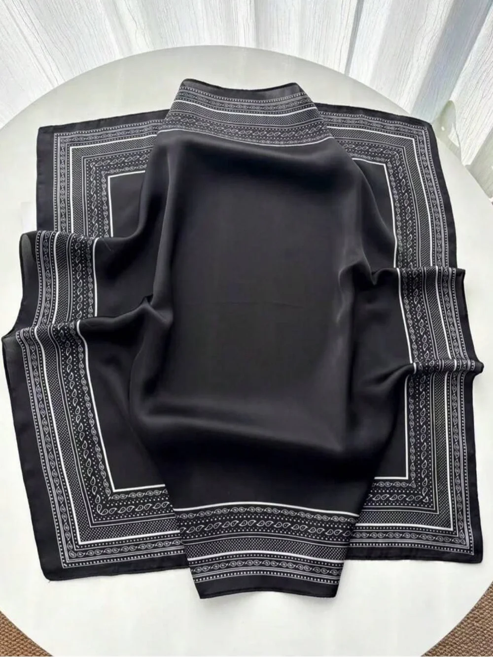 Classic Black Patterned with a White Paisley Border Neck Scarf